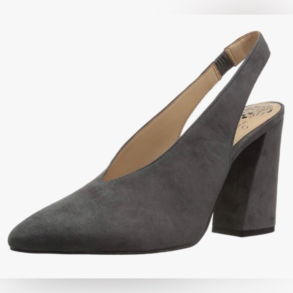 Vince Camuto Tashinta Gray Suede Slingback Chunky Heel Pumps Womens Sz 9 Office